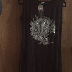 Shiny Black asymmetrical Tank Top with Silver Peacock Feather Design